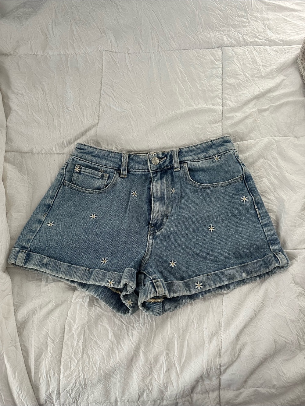 PacSun Light Blue Denim Daisy Embroidered High-Rise Shorts